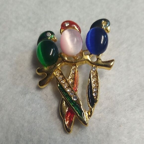 Jelly Belly Gold and Multicolor Parrot Brooch Green Pink and Blue Birds - Picture 1 of 3
